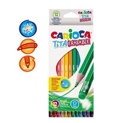 Карандаши 12 цветов Carioca Tita Erasable, стираемые, 3.0 мм, шестигранные, пластиковые, с ластиком, картон, европодвес