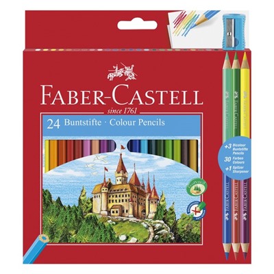 Карандаши 24 цветов Faber-Castell «Замок» шестигранные + 3 двухцветных карандаша + точилка