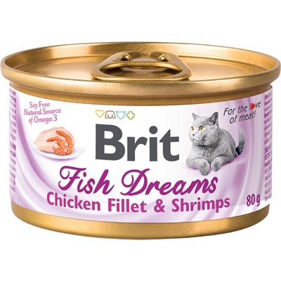 Влажный корм Brit Fish Dreams для кошек, куриное филе и креветки, 80 г