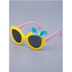 Очки детские солнцезащитные, сбоку голубой бантик, розовые заушники, желтый