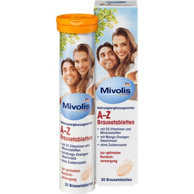 Mivolis A-Z Brausetabletten, Шипучие Мультивитамины от A до Z с манго-апельсиновым вкусом, 20 таб