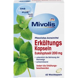 Mivolis Erkaltungs Kapseln Капсулы для снятия симптомов простуды в дыхательных путях с густой слизью с эвкалиптовым маслом 200мг, 60 шт