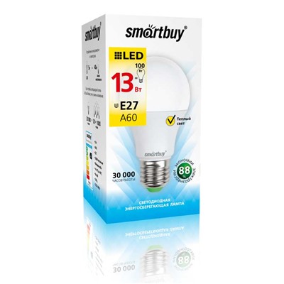 Лампа светодиодная, E27, A60, 13Вт, 3000К "Smartbuy" теплый свет