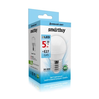 Лампа светодиодная, E27, G45,  5Вт, 4000К "Smartbuy" нейтральный белый свет, шар