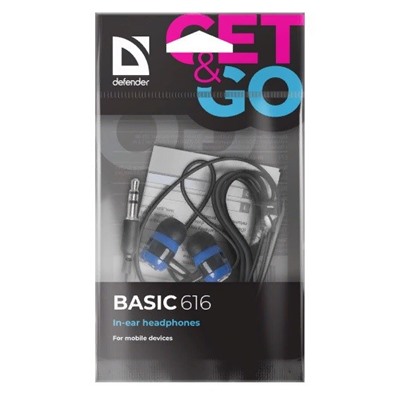 Наушники Defender "Basic 616" (63616) вакуумные, разъем 3.5мм, провод 1.1м, черно-синие, в пакете