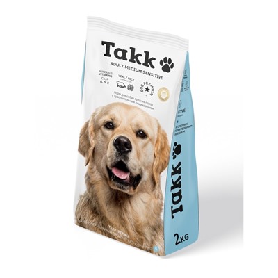 Сухой корм TAKK для собак средних пород с чувствительным пищеварением, телятина/рис, 2 кг