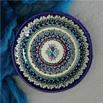 Тарелка Риштанская Керамика "Узоры", синяя, глубокая, 20 см