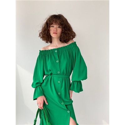 6133 Длинное платье с открытыми плечами зелёное