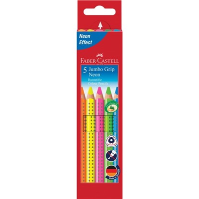 Карандаши цветные Faber-Castell Jumbo Grip Neon 5 цветов. неоновые, трехгранные, утолщенные, заточенные, в картонной коробке с европодвесом