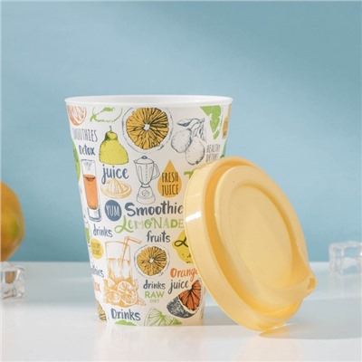 Стакан пластиковый с крышкой IZI-GO, 420 мл, 9,3×9,1×13,1 см, декор лимоны, цвет жёлтый