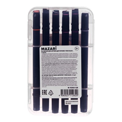 Маркеры для скетчинга двусторонние Mazari Terso Black, 12 цветов, Pastel+Flou colors (пастельные + флуоресцентные цвета)