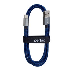 Кабель Type-C - USB 2.0, 1 м, в тканевой оплетке (U4903) "Perfeo", черно-синий, в пакете