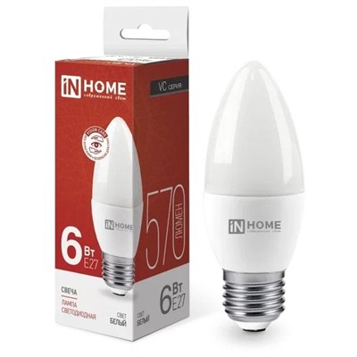 Лампа светодиодная, E27, C37,  8Вт, 4000К "IN HOME" нейтральный белый свет, свеча