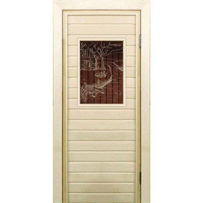 Дверь для бани со стеклом (40*60), "Банька у реки-1", бронза, 170×70см, коробка из осины
