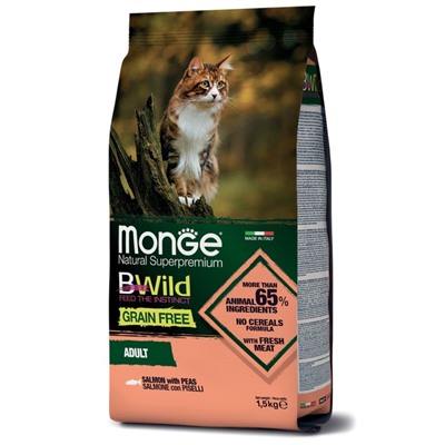 Сухой корм Monge Cat BWild GRAIN FREE для кошек, лосось, беззерновой, 1,5 кг.