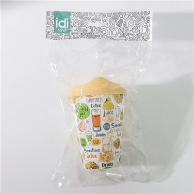Стакан пластиковый с крышкой IZI-GO, 420 мл, 9,3×9,1×13,1 см, декор лимоны, цвет жёлтый