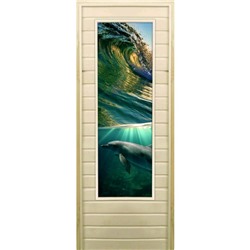 Дверь для бани со стеклом (43*129), "Дельфины", 170×70см, коробка из осины