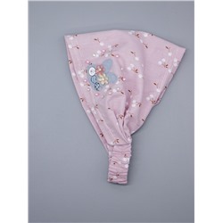 Косынка для девочки на резинке, вишенки, сбоку серый зайчик и два цветка, бусинки, бледно-розоватый