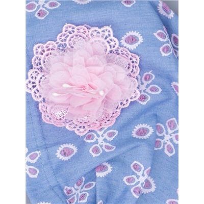 Косынка для девочки на резинке, джинс, розовые цветы, розовый бант из фатина с кружевом, голубой