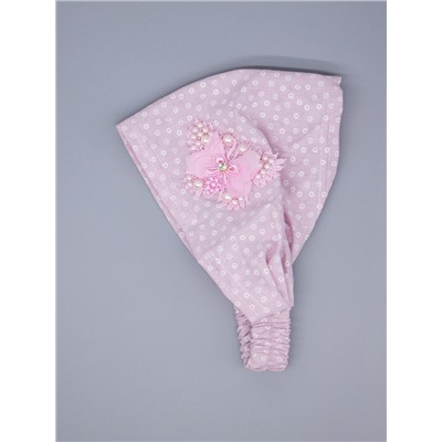 Косынка для девочки на резинке, мелкий горошек, сбоку ажурный розовый бантик с бусинами, сиреневый