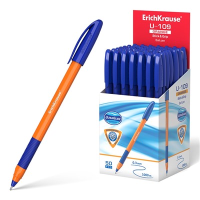 Ручка шар. ErichKrause "Ultra Glide Technology U-109" (47591) синяя, 1мм, трехгран. корпус, игольчатый стержень, оранжевый корпус, одноразовая