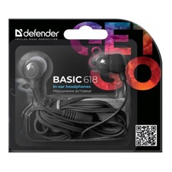 Наушники Defender "Basic 618" (63618) вакуумные, разъем 3.5мм, провод 1.1м, черные, в пакете