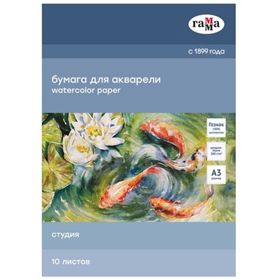 Папка для акварели А3 10л., 200 г/м ГАММА "Студия" (30C03F710W) среднее зерно, бумага ГОЗНАК