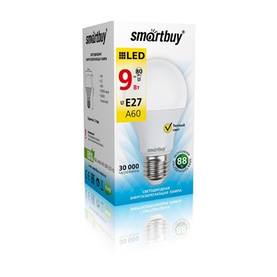 Лампа светодиодная, E27, A60,  9Вт, 3000К "Smartbuy" теплый свет