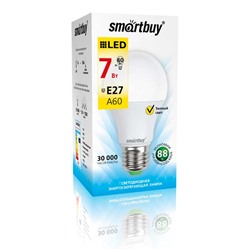 Лампа светодиодная, E27, A60,  7Вт, 3000К "Smartbuy" теплый свет