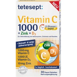 tetesept Vitamin C + Zink + D3 Tabletten 30St Комплекс для иммунитета с Витамином C, Цинком и витамином D3, 30шт.
