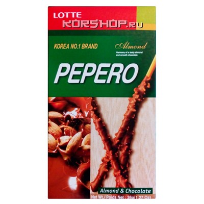 Соломка в шоколадной глазури с миндалём Пеперо Almond Pepero Lotte, Корея, 36 г