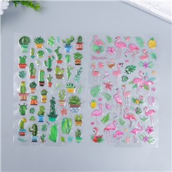 Наклейка пластик объёмные "Фламинго и кактусы" МИКС 14,5х25 см
