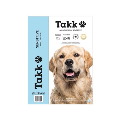 Сухой корм TAKK для собак средних пород с чувствительным пищеварением, телятина/рис, 2 кг