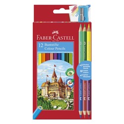 Карандаши 12 цветов Faber-Castell «Замок» шестигранные + 3 двухцветных карандаша + точилка