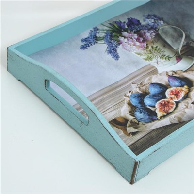 Поднос деревянный для завтрака "Прованс. Натюрморт, инжир", 43×27.5×7 см, серо-голубой