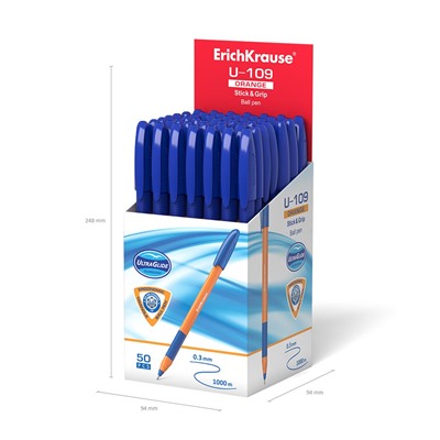 Ручка шар. ErichKrause "Ultra Glide Technology U-109" (47591) синяя, 1мм, трехгран. корпус, игольчатый стержень, оранжевый корпус, одноразовая