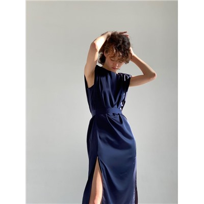 6189 Шёлковое платье с объёмными плечами тёмно-синее
