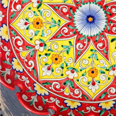 Ляган Риштанская Керамика "Цветы", 31 см, красный, рифлённый