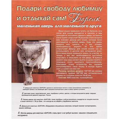Дверца для кошек «БАРСИК», проём 145*145 мм, толщина двери 36-42 мм, белый