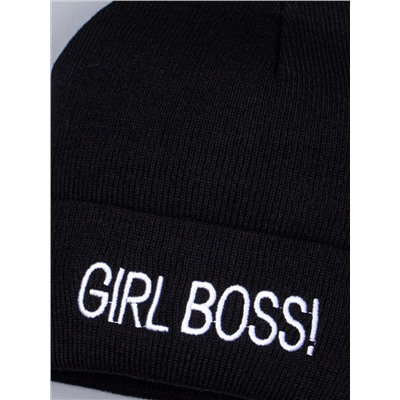 Шапка вязаная для девочки на отвороте надпись "GIRL BOSS!", черный