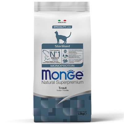 Сухой корм Monge Cat Speciality Line Monoprotein Sterilised для кошек, форель, 1,5 кг