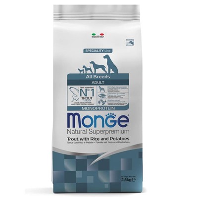 Сухой корм Monge Dog Speciality Line Monoprotein для собак, форель/рис/картофель, 2,5 кг