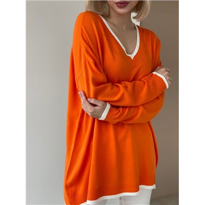 6175 Пуловер "оверсайз" оранжевый с белыми полосками