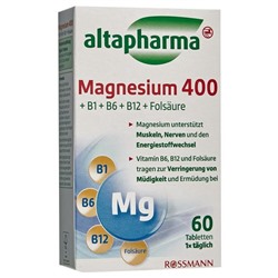 altapharma Magnesium 400 + B1, B6, B12 & Folsaure Таблетки Магний 400 + В1, В6, В12 и Фолиевая кислота Поддерживает энергитический обмен и мышцы 54 г