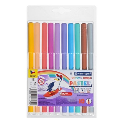 Фломастеры 10 цветов 2.0 мм Centropen 7550 TP Colour World Pastel, смываемые. европодвес