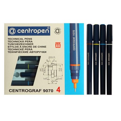 Набор 4 рапидографов Centropen 9070, линия: 0.25, 0.35, 0.50, 0,70 + тушь + держат, пластиковый кейс