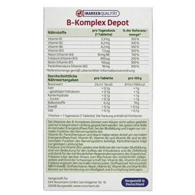altapharma Vitamin B Komplex Depot Tabletten Витамин Таблетки Комплекс витамина D для уменьшения усталости 15 г