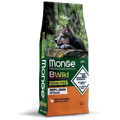 Сухой корм Monge Dog BWild GRAIN FREE Puppy & Junior для щенков, мясо утки/картофель, 12 кг   731600