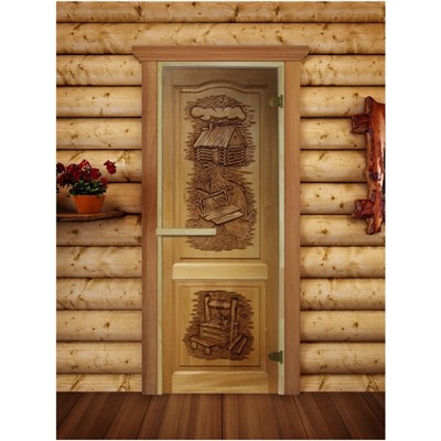 Дверь для бани и сауны, размер коробки 190 × 70 см, стекло 6 мм, 2 петли, фотопечать РБ-01