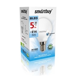Лампа светодиодная, E14, P45,  5Вт, 4000К "Smartbuy" нейтральный белый свет, шар